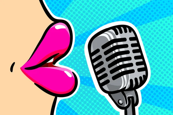 Muzica Pop Art Cântând Gura Femeii Microfon Retro Fundal Albastru Ilustrații de stoc fără drepturi de autor