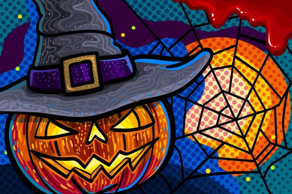 Calabaza Halloween Con Cara Miedo Tallada Sombrero Negro Bruja Tarjeta Vector De Stock