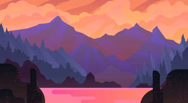 Закат Пейзаж Огромными Красными Горами Озером Концепция Путешествия Векторная Иллюстрация Стоковый вектор