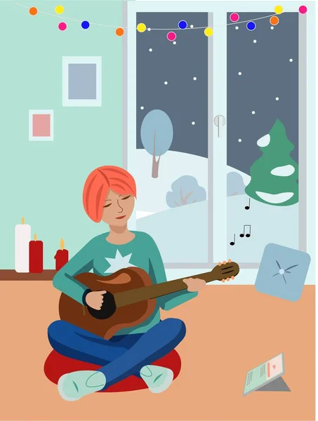 Evde gitar çalan vektör kız.