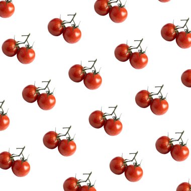 Beyaz arka planda izole edilmiş kiraz domatesleri ve yaprak domatesleri..