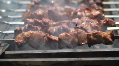Barbeküde ızgara lezzetli yemeklere yakın çekim. Doğada lezzetli şiş kebap pişirme süreci. BBC 'deki metal şişte lezzetli yemekler. Piknik zamanı. Sokak yemeği. Yemek festivali. Kazıkta domuz eti. 
