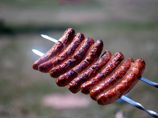 Encerrar Salsichas Grelhadas Dourando Grelha Livre Salsichas Carne Fritando Churrasco — Fotografia de Stock