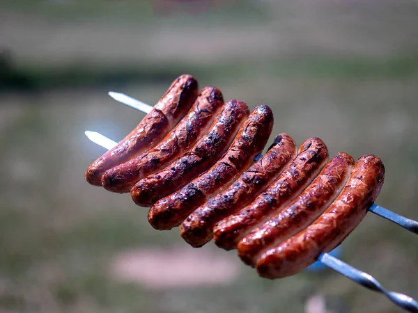 Närbild Grillad Korv Brunnar Grillen Utomhus Köttkorv Steks Grill Bakgården — Stockfoto