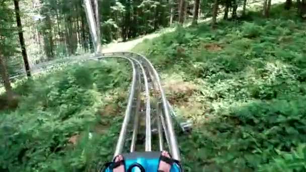 Schlittschuhlaufen Auf Einer Rodelbahn Durch Den Bergwald Extreme Belustigung — Stockvideo