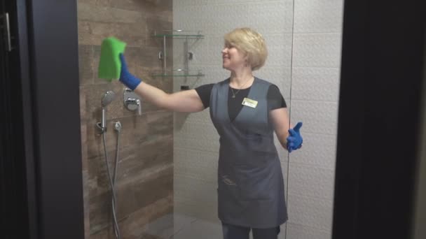 Footage Hotel Cleaning Housemaid Cleaning Bathroom — Stock videók