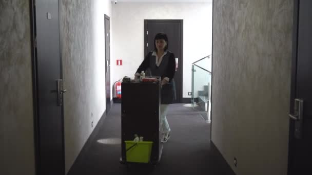 Bilder Hotellstädning Hushållerska Med Vagn — Stockvideo
