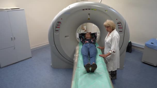 Young Female Patient Lying Mri Scan Bed Medical Exam — Stockvideo