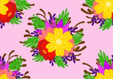Pembe arka planda 22100301 çiçek deseni, çiçekli karalama motifleriyle kusursuz desen. El karalama dokuları ve çiçek elementleriyle çizilmiş. Moda baskısı, ambalajlama, arkaplan tasarımı için çiçek karalama vektör tasarımı.