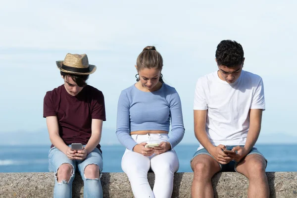 Genç arkadaşlar açık havada telefonlarına odaklandılar. Dijital bağımlılık ve dopamin konsepti.