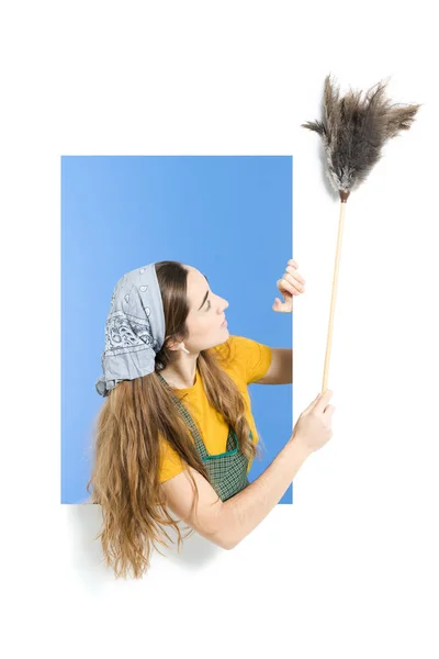 Femme Foyer Nettoyage Copie Espace Avec Plumeau — Photo