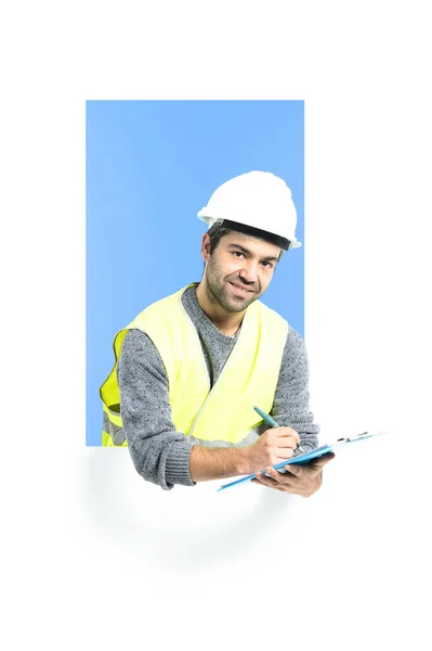 Hispanic Engineer Writing Notebook Wearing Safety Vest Helmet — Stock Photo, Image