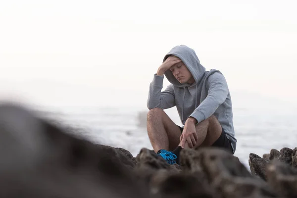 Depressed Hispanic Teenager Sitting Rocks Anxiety Depression Mental Health Adolescence — Foto Stock