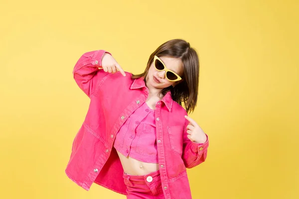 Arrogant Little Girl Pointing Herself Isolated Yellow Background Egocentric Child — Stock Photo, Image