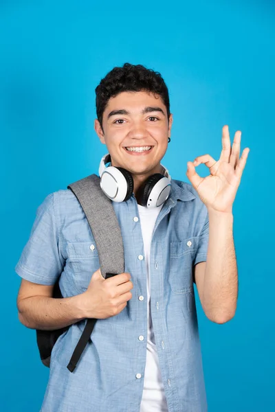 Happy Hispanic Student Teenager Boy Making Fine Sign Hand Looking — 스톡 사진