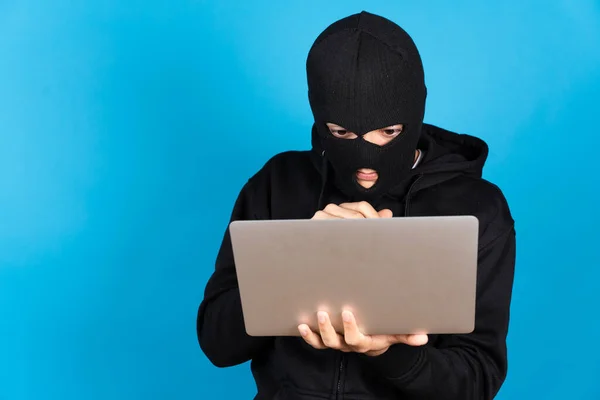 Hacker Wearing Black Ski Mask Working Laptop Isolated Blue Background — Stock Photo, Image