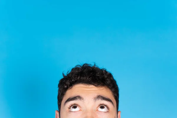 Half Portrait Hispanic Teenager Boy Looking Copy Space Isolated Blue — 스톡 사진