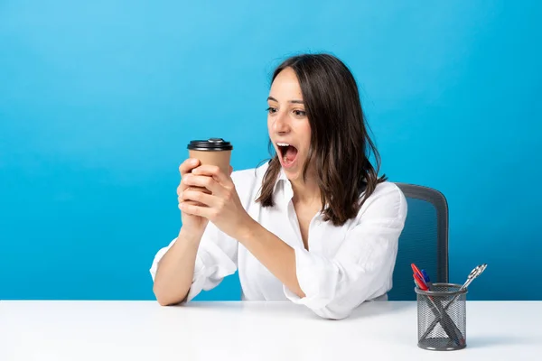 Pretty Hispanic Young Woman Looking Disposable Cup Coffee Caffeine Addiction — Stockfoto