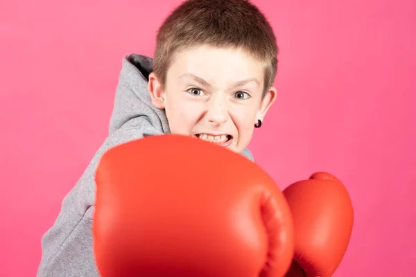 Boxer boy giving a punch with boxing gloves. Aggressive child looking at camera isolated on pink background