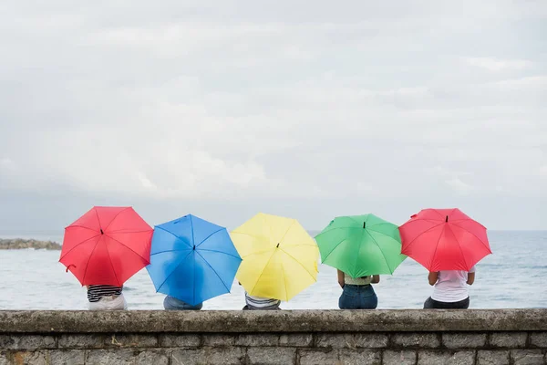 Rückansicht Von Menschen Die Einem Regnerischen Tag Aufs Meer Schauen — Stockfoto