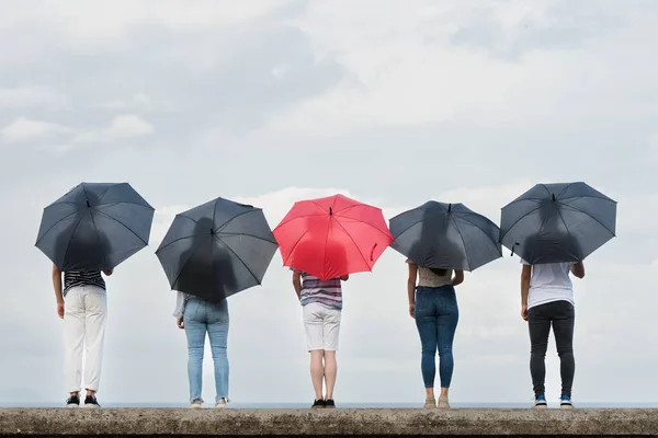 Different People Acceptance Concept Person Red Umbrella Standing Out Crowd — Stockfoto