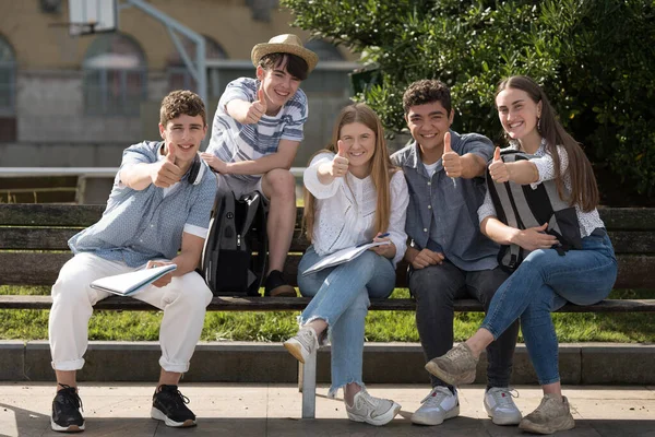 Group Teenager Students Making Sign Looking Camera — Stockfoto