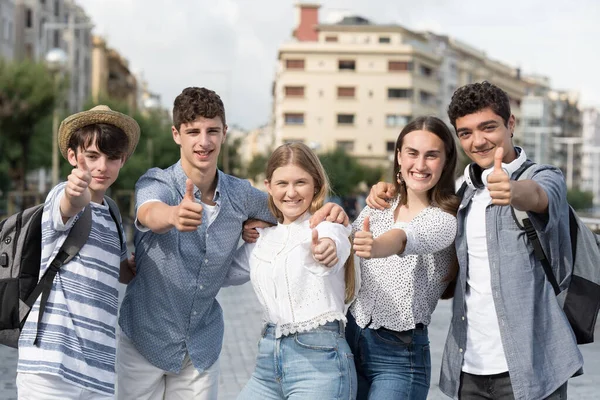 Group Happy Teenager Students Making Sign Camera Positivity Friendship Concept — Stockfoto