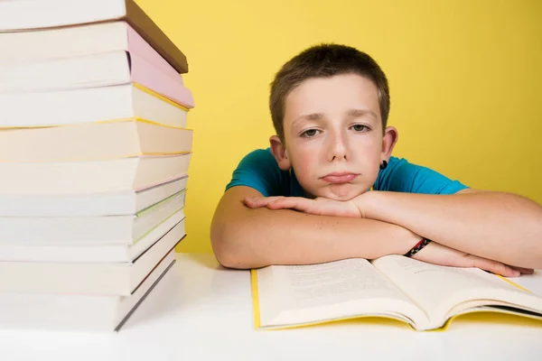Sad Bored Schoolboy Looking Camera Isolated Yellow Background Demotivation School — Stockfoto
