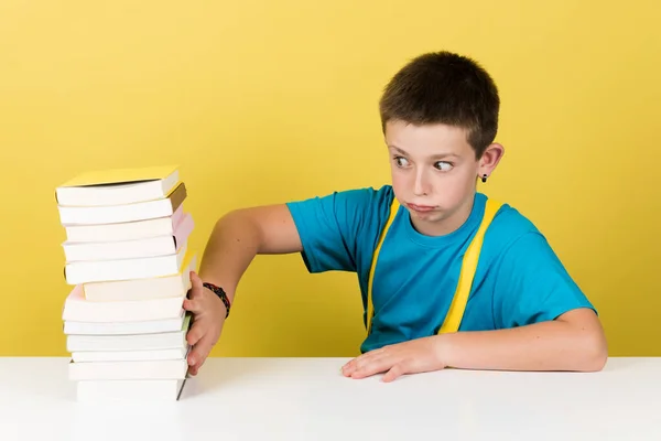 Cute Schoolboy Rejecting Study Isolated Yellow Background Student Boy Moving — Fotografia de Stock