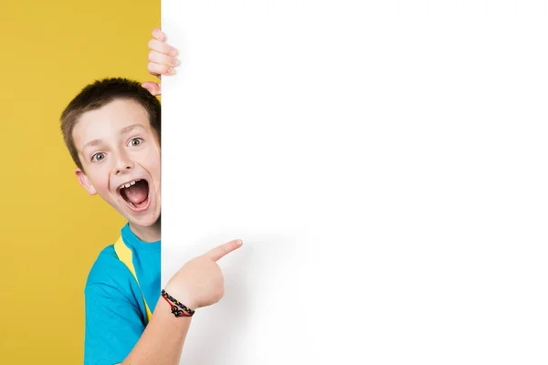 Rapaz Espantoso Apontar Para Cartaz Branco Lado Voltar Conceito Publicidade — Fotografia de Stock