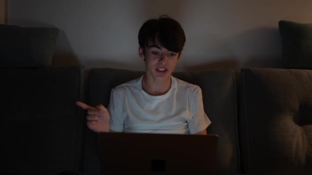 Teenager Boy Having Video Conference Laptop Night — Vídeo de stock