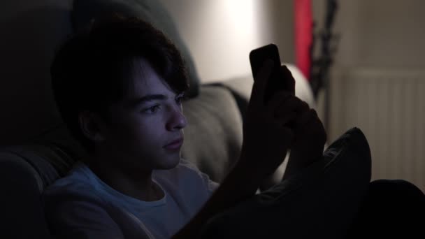 Teenager Αγόρι Κουβέντα Και Γραπτών Μηνυμάτων Ενώ Κάθεται Στον Καναπέ — Αρχείο Βίντεο