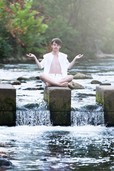 Cute Teenager Boy Practicing Yoga Breathing Meditating Nature Middle River — Stok fotoğraf
