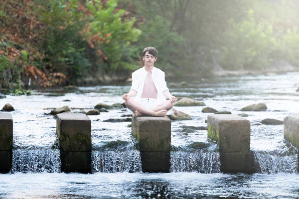 Teenager Boy Meditating Practicing Yoga Nature Middle River — Stok fotoğraf