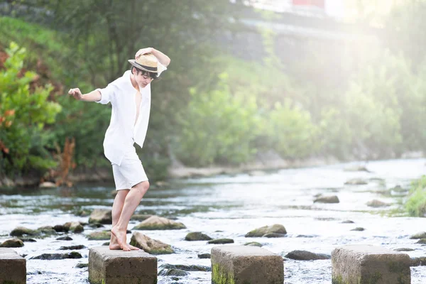 Happy Teenager Tourist Boy Dancing Nature River — 图库照片