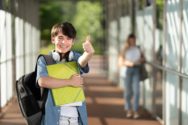 Cute Student Making Sign Looking Camera Portrait Positive Boy Corridor — Fotografia de Stock
