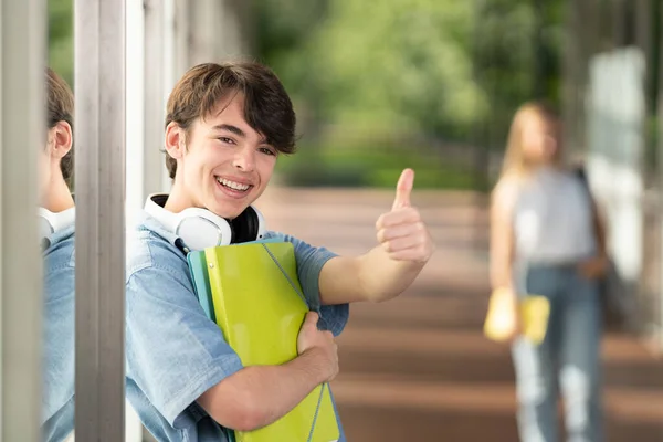 Portrait Cute Teenager Student Boy Making Sign Corridor — Fotografia de Stock