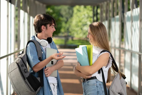 Teenager Student Couple Chatting Together Boy Girl Talking Corridor — Stok Foto