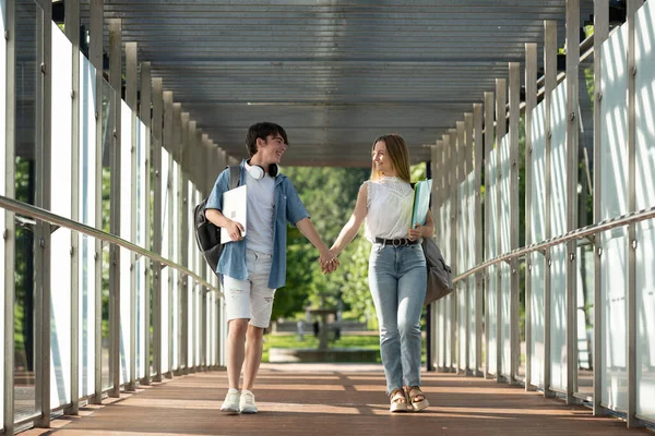 Students Couple Holding Hands Walking Corridor Campus Boy Girl Looking — Stock Photo, Image