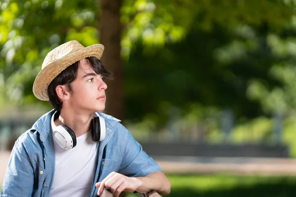 Portrait Teenager Boy Thinking Looking Copy Space Outdoors Park — Stockfoto