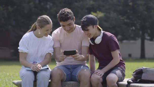 Невелика Група Друзів Підлітків Реагують Вміст Соціальних Мереж Телефон Відкритому — стокове відео