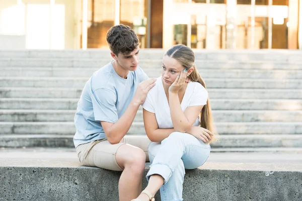 Teenager Boy Consoling Sad Girlfriend Mourning Depression Anxiety Concept — Stockfoto