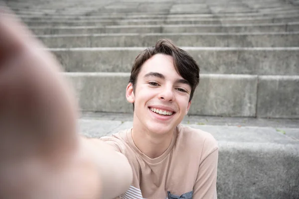 Positive Cute Teenager Boy Taking Selfie Grandstand Adolescent Smiling Looking — Foto Stock