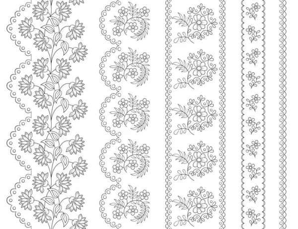 Fronteras Florales Sin Costuras Blanco Negro Bordado Patrones Costura — Vector de stock