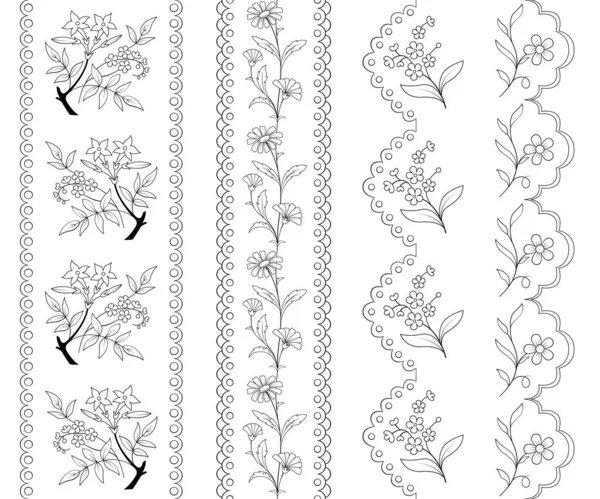 Naadloze Bloemranden Zwart Wit Borduren Borduurpatronen — Stockvector