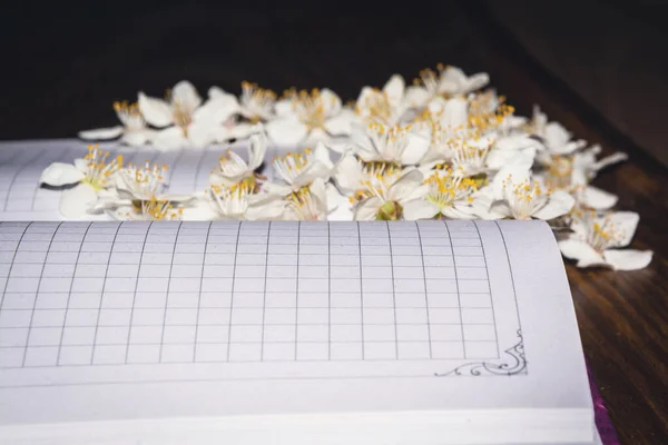Not defterine bahar çiçekleri. Çiçeklerle defter yazmak. Kağıt üzerinde çiçekler