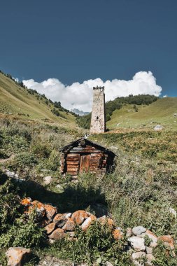 Georgia 'nın harika Svaneti bölgesi. Güzel ve muhteşem eski köy Adishi ve muhteşem buzulları olan Svantiya kuleleri.