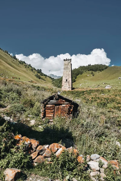 Georgia 'nın harika Svaneti bölgesi. Güzel ve muhteşem eski köy Adishi ve muhteşem buzulları olan Svantiya kuleleri.