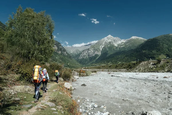 Büyük sırt çantalı bir grup turist Kafkasya Dağları 'ndaki karlı tepelere tepeden bakan çimenli yamaca tırmanıyor.