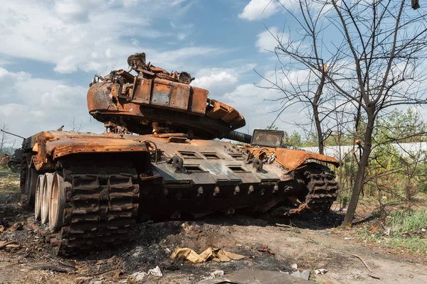 BUCHA, UKRAINE 12.05.2022 Irpin, Bucha. Atrocities of the russian army in the suburbs of Kyiv. russian tank knocked out by the Ukrainian army. War of russia against Ukraine.